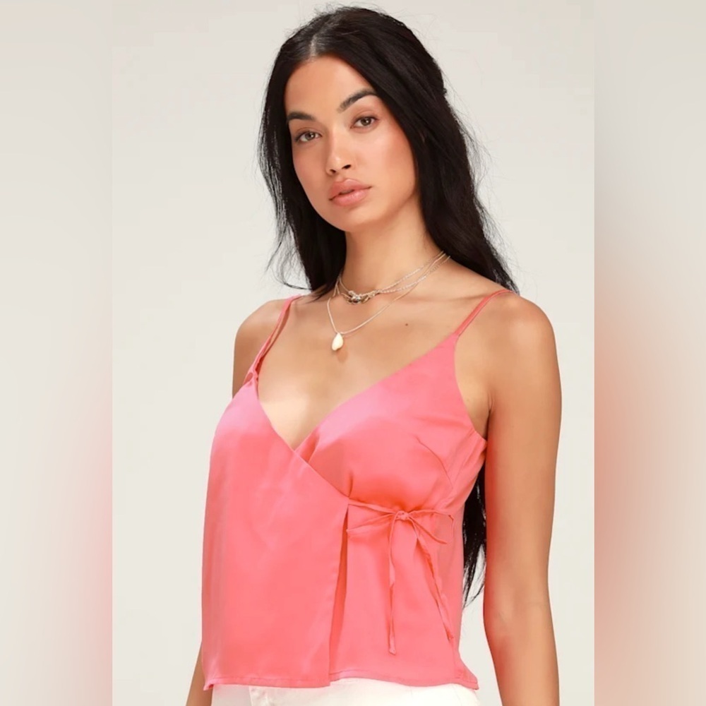 NWT Lulus Lissie Coral Pink Satin Sleeveless Wrap Spaghetti Strap Tank Top